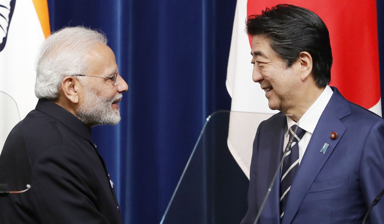 Both India’s Modi and Japan’s Abe enjoy good relations with Putin. Photo: Kyodo