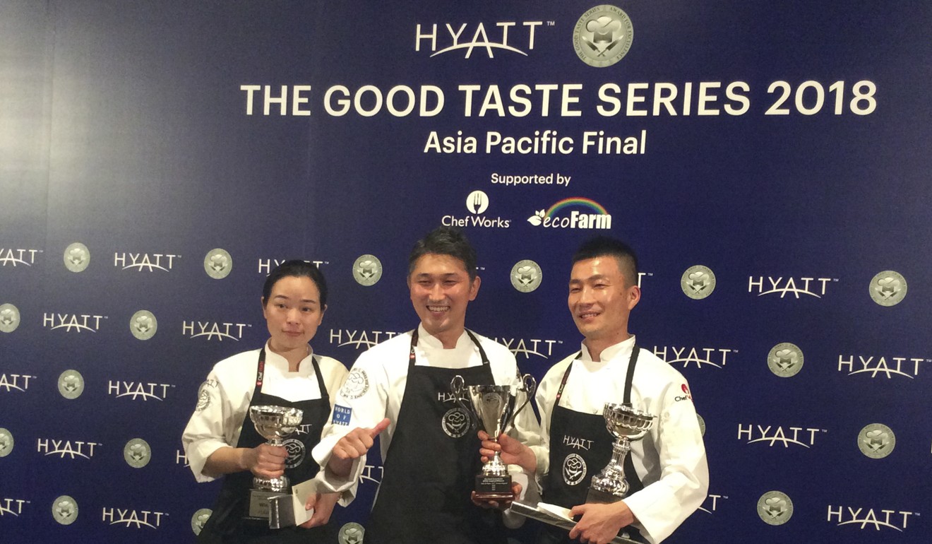 From left: Lily Liu (first runner-up), Tomoya Sugizaki (last year’s winner) and Sebong Oh (winner). Photo: Susan Jung
