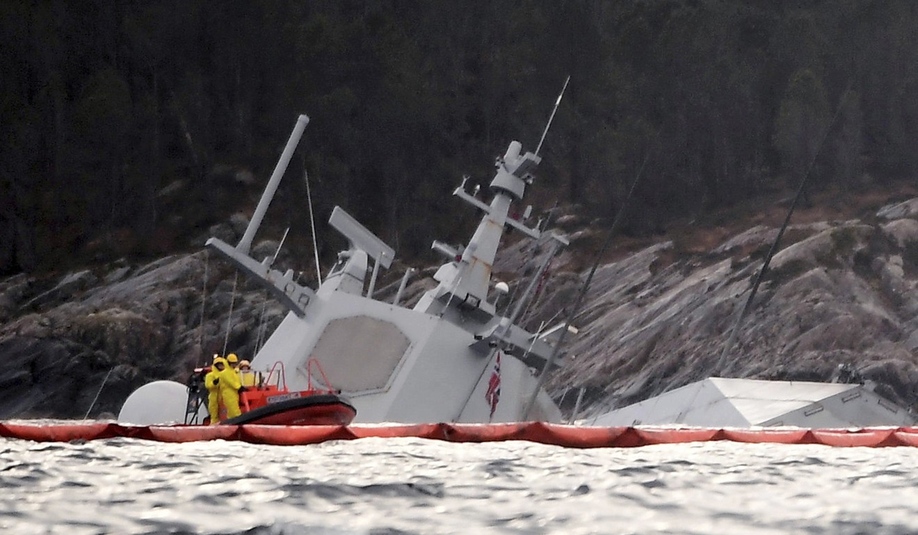 The frigate lying partially submerged in the sea near Bergen on November 13, 2018. Photo: AP