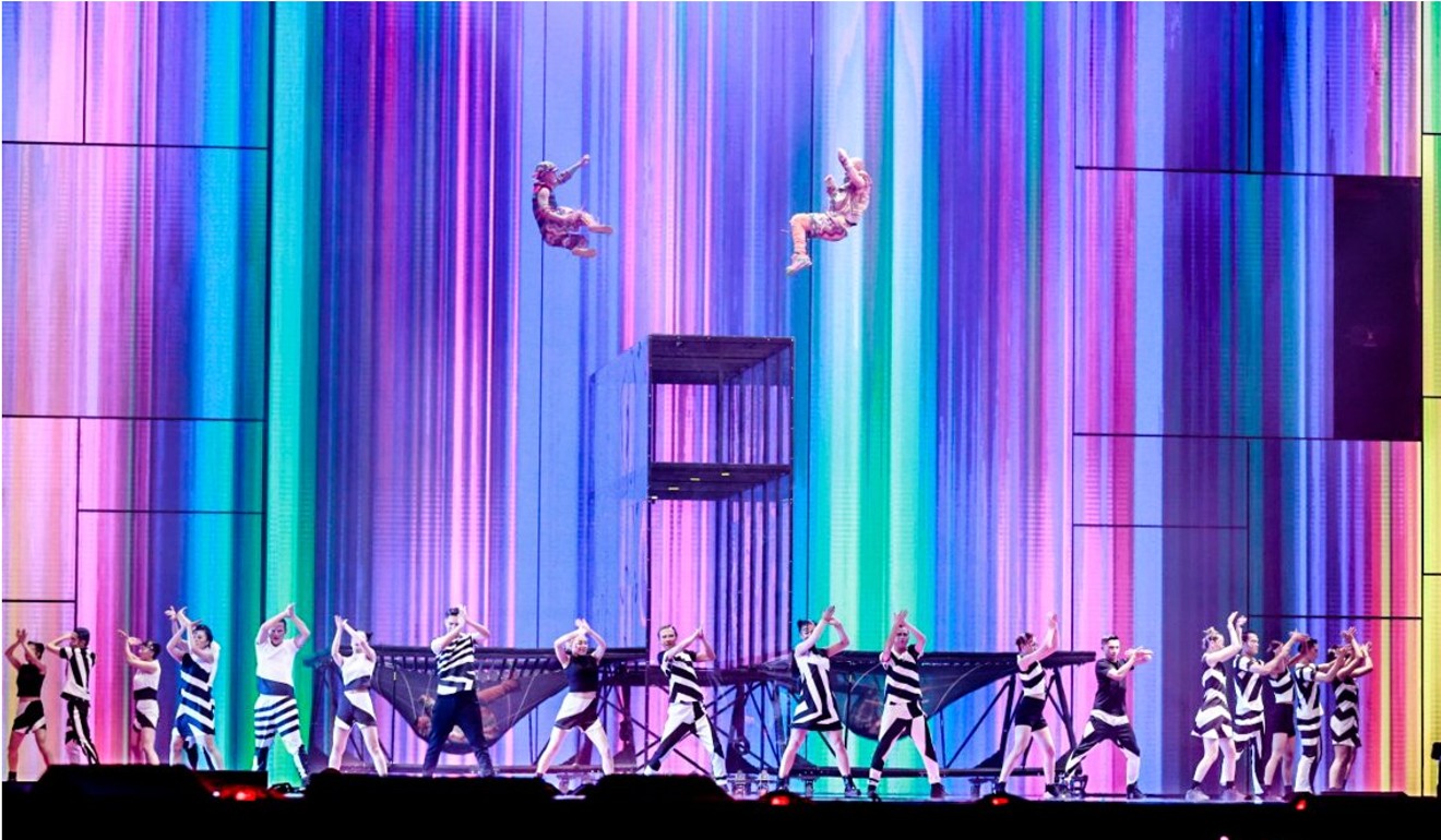 Acrobats from the Canadian Cirque du Soleil troupe perform an online-shopping-themed act during the Singles’ Day gala.
