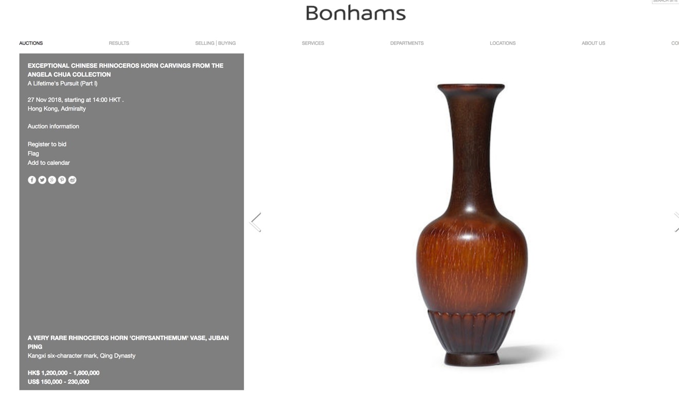 A rhino horn ‘Chrysanthemum’ vase to be auctioned at the upcoming Bonhams sale.