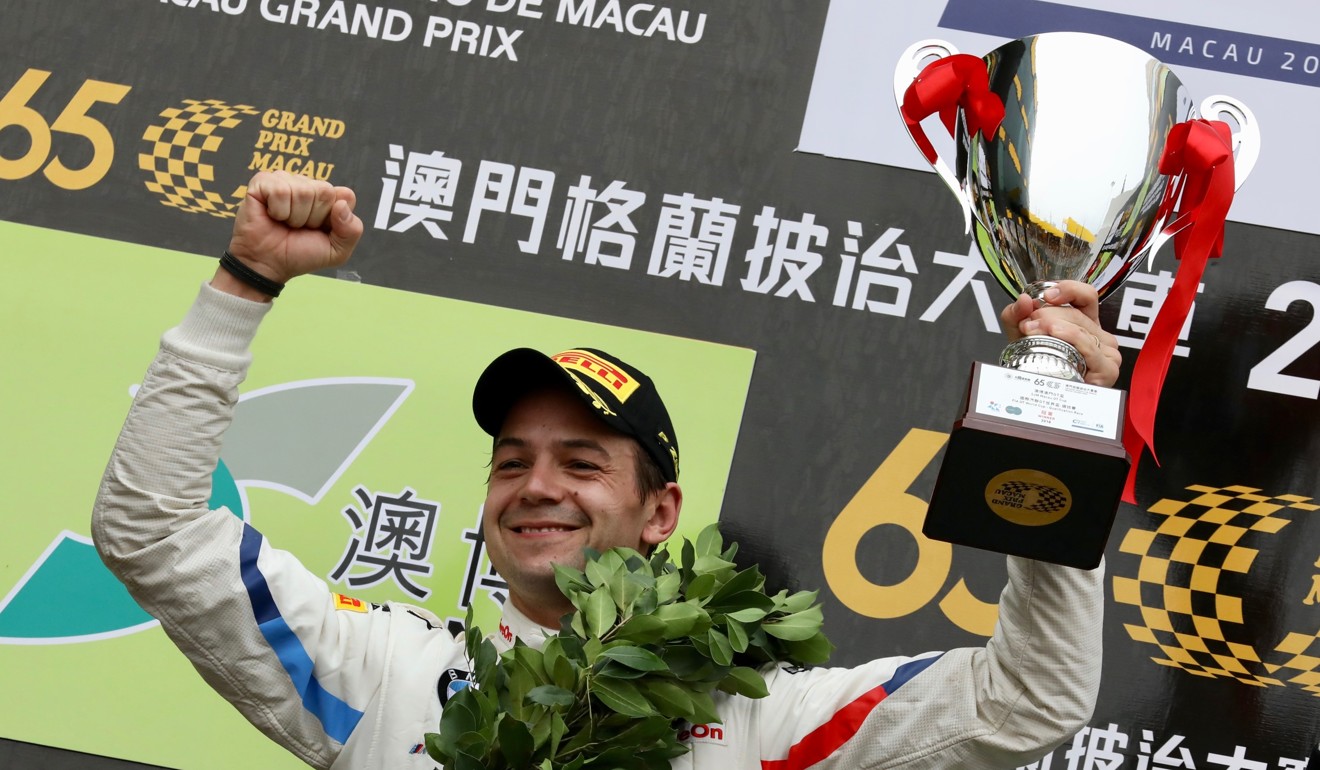 Augusto Farfus celebrates winning the GT Cup qualification race. Photo: KY Cheng