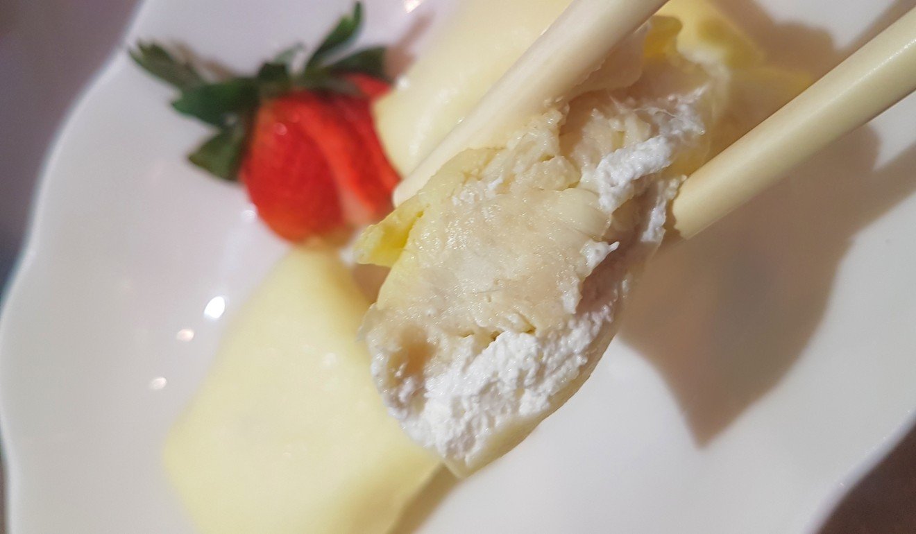 Durian pancake, with the cream fresh pulp of the fruit wrapped inside the pancake, served at Shang Palace at Shangri-La Hotel, Kuala Lumpur, in Malaysia. Photo: Cedric Tan