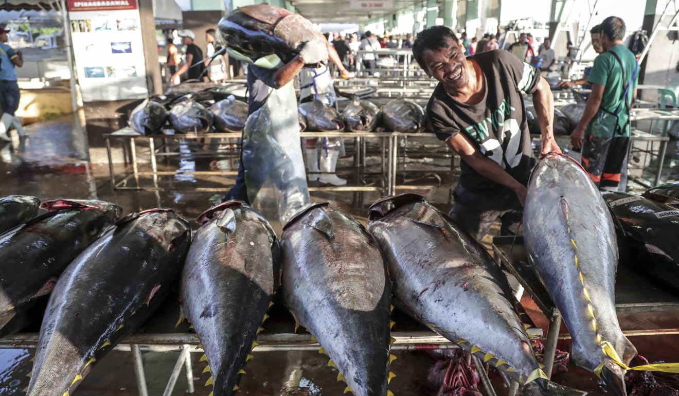 Port workers prepare tuna for export. Photo: EPA