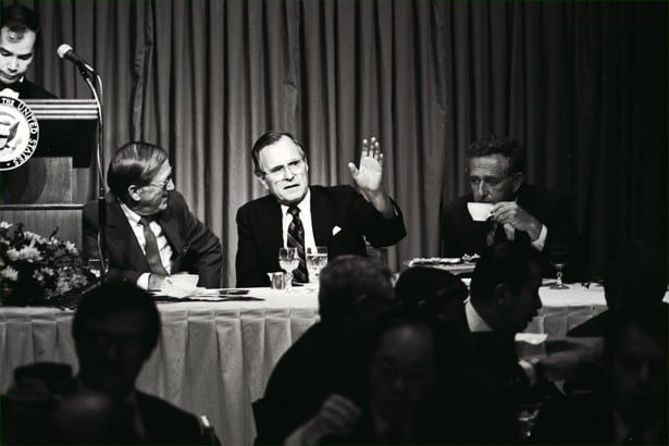 Bush (centre) attending an American Chamber of Commerce lunch meeting at the Hilton hotel in 1985. Photo: SCMP