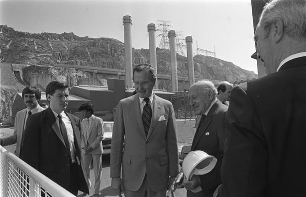 Bush, accompanied by Sir Lawrence Kadoorie (to Bush’s right), then chairman of China Light and Power, pays a visit to the Castle Peak Power Station at Tap Shek Kok in 1985. Photo: SCMP