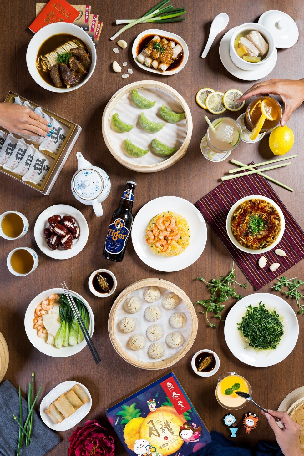 A selection of dishes and drinks at Din Tai Fung.