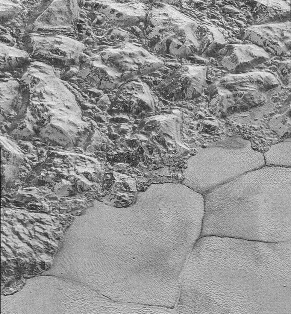 The mountainous shoreline of Sputnik Planum on Pluto. Photo: Nasa