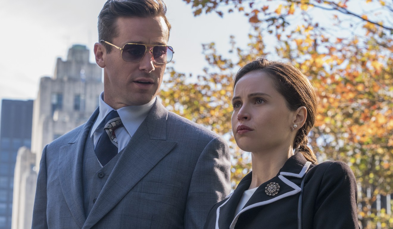 Armie Hammer portrays Marty Ginsburg and Felicity Jones plays Ruth Bader Ginsburg in On the Basis of Sex. Photo: Jonathan Wenk/Focus Features/AP