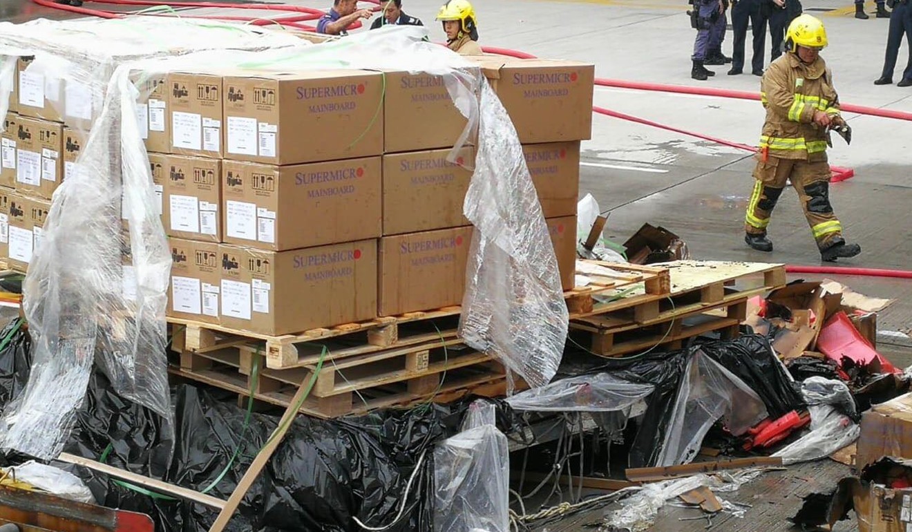 A cargo pallet unwrapped after the fire at Hong Kong International Airport was put out. Source: Facebook