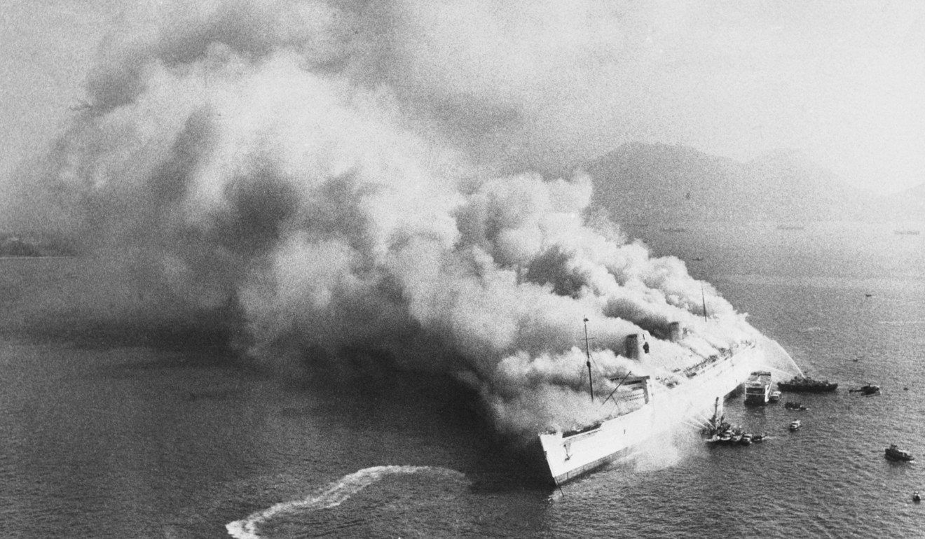 The Seawise University, formerly known as the Queen Elizabeth, burns at anchorage. The ship was completely destroyed by a mysterious fire that raged for days. Photo: SCMP Archive