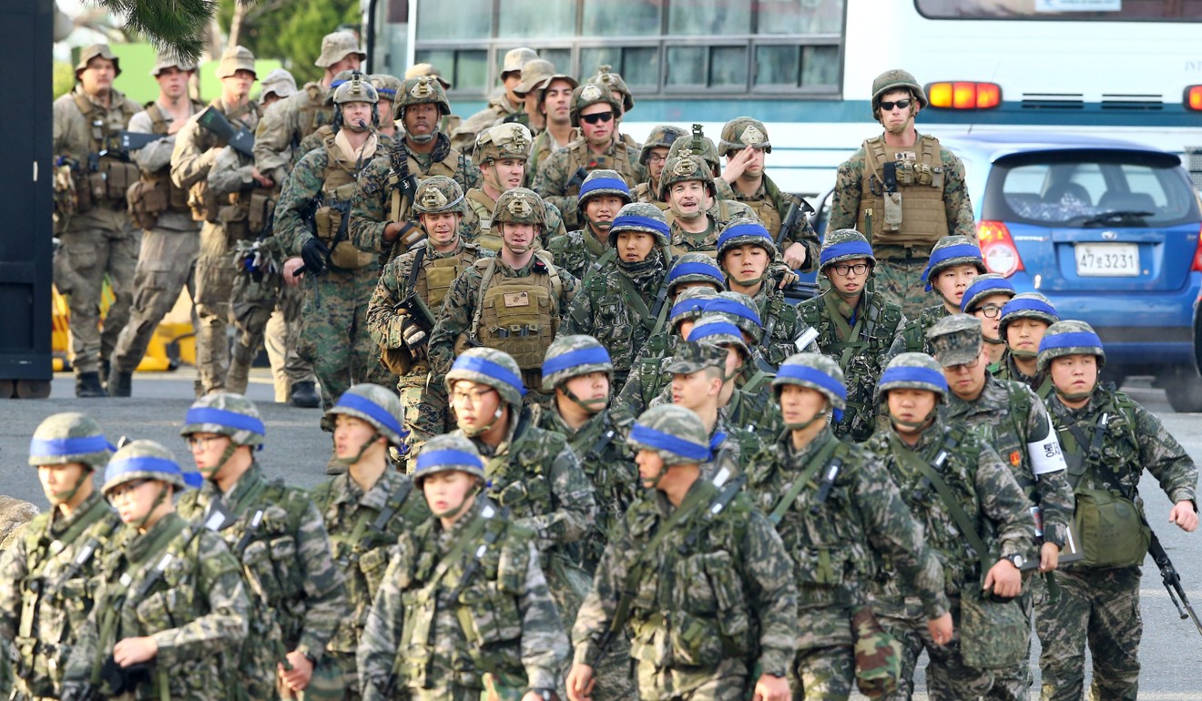 South Korean and US marines in Pohang, South Korea. Footing the bill for the American military presence is a source of tension between the two countries. Photo: EPA