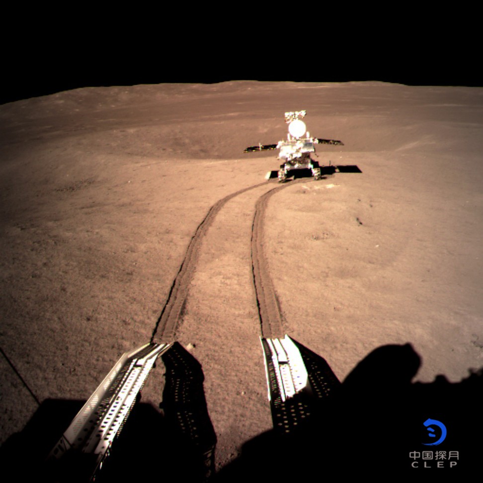 An image of the lunar rover at a preset location on the surface of the far side of the moon. Photo: Xinhua/CNSA
