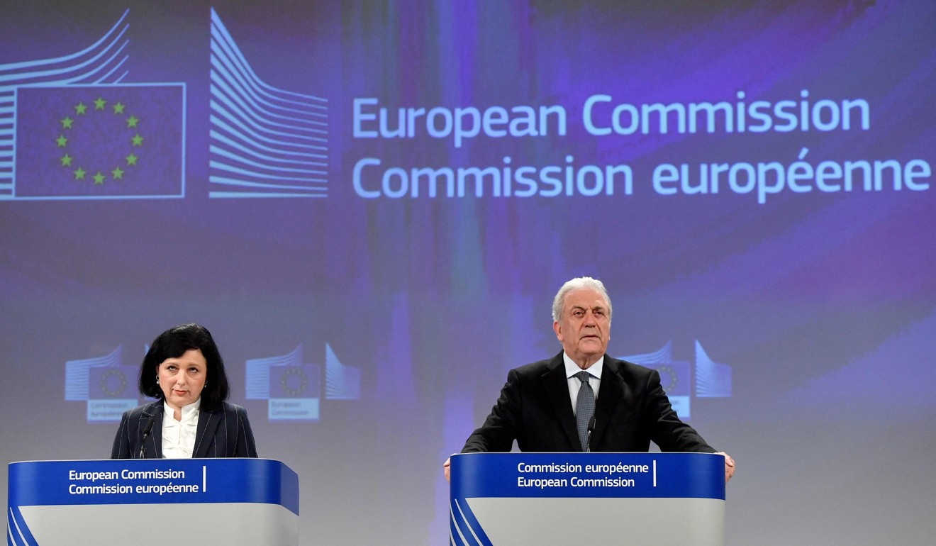 European Commissioner for Justice, Consumers and Gender Equality Vera Jourova (L) and Commissioner for Migration, Home Affairs and Citizenship Dimitris Avramopoulos (R) give a press conference on the issue of the 