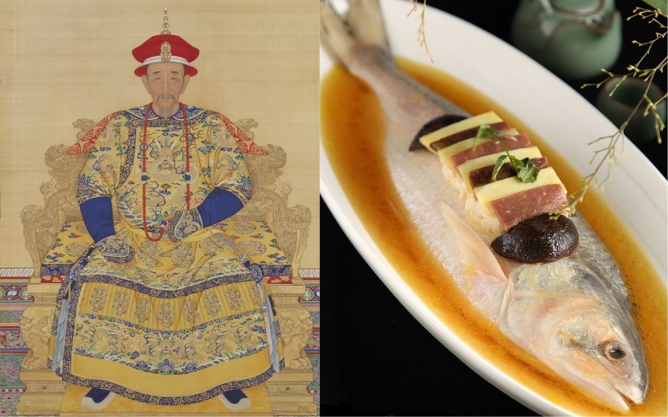 A portrait of Emperor Kangxi (left) and a dish of steamed shiyu, or hilsa herring – often cooked a tribute to the nation’s emperors – which is usually served with dry-cured ham, mushrooms and bamboo shoots.