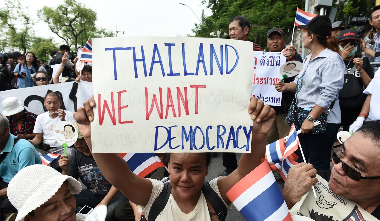 Demonstrators gather in Bangkok demanding elections at a protest on May 22, 2018. Photo: AFP