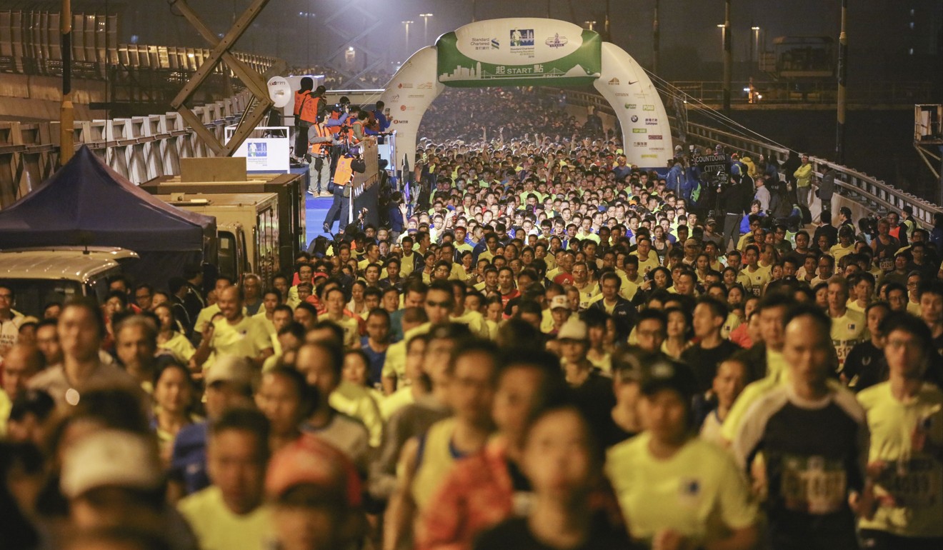 Runners run through the Island Eastern Corridor during the 10km Standard Chartered Hong Kong Marathon in 2018. Photo: Felix Wong