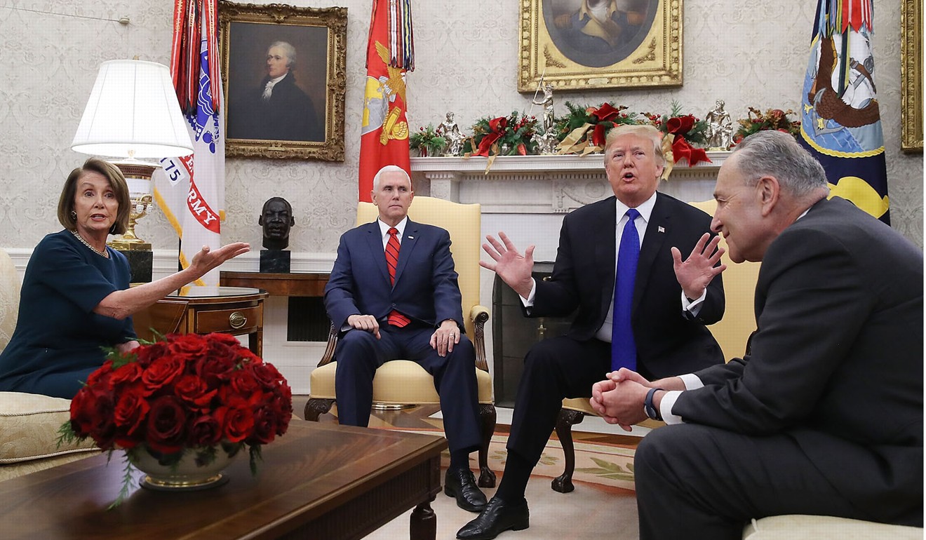 Trump and Vice-President Mike Pence discussing the shutdown with House Speaker Nancy Pelosi and Senate Majority Leader Chuck Schumer in the Oval Office in December 2018. Photo: TNS