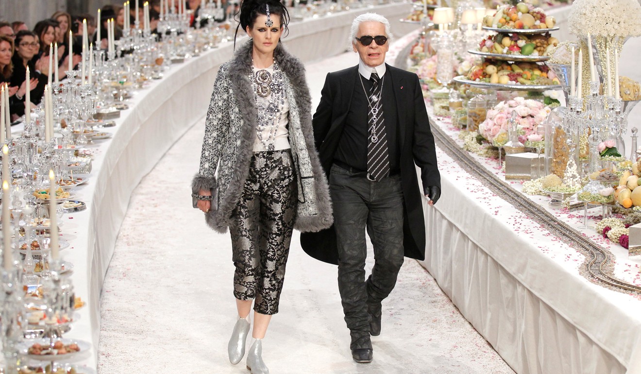 British model Stella Tennant and fashion designer Karl Lagerfeld, who has died aged 85, pictured at Chanel’s Metiers d'Art Show in Paris in 2011. Photo: Reuters