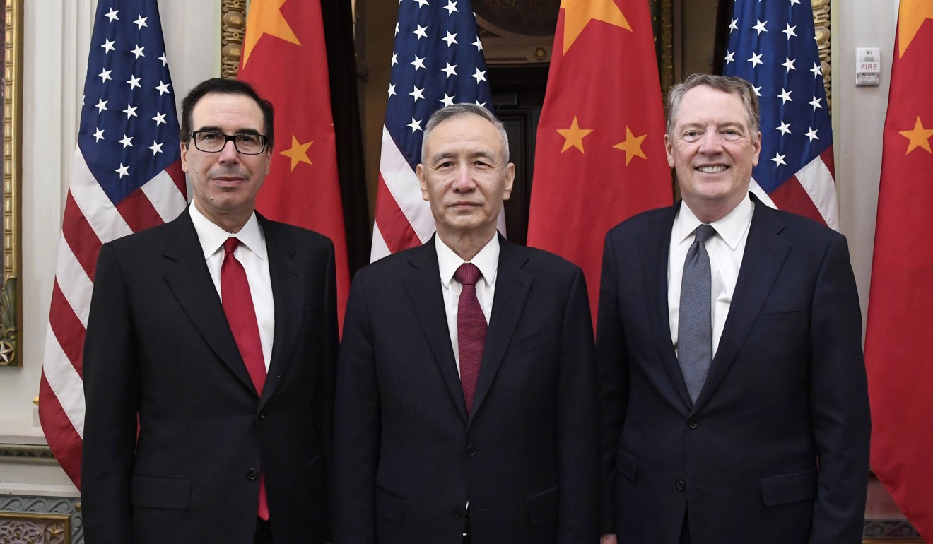 Chinese Vice-Premier Liu He is flanked by US Treasury Secretary Steven Mnuchin (left) and US Trade Representative Robert Lighthizer as trade talks resume on Friday in Washington. Photo: Xinhua