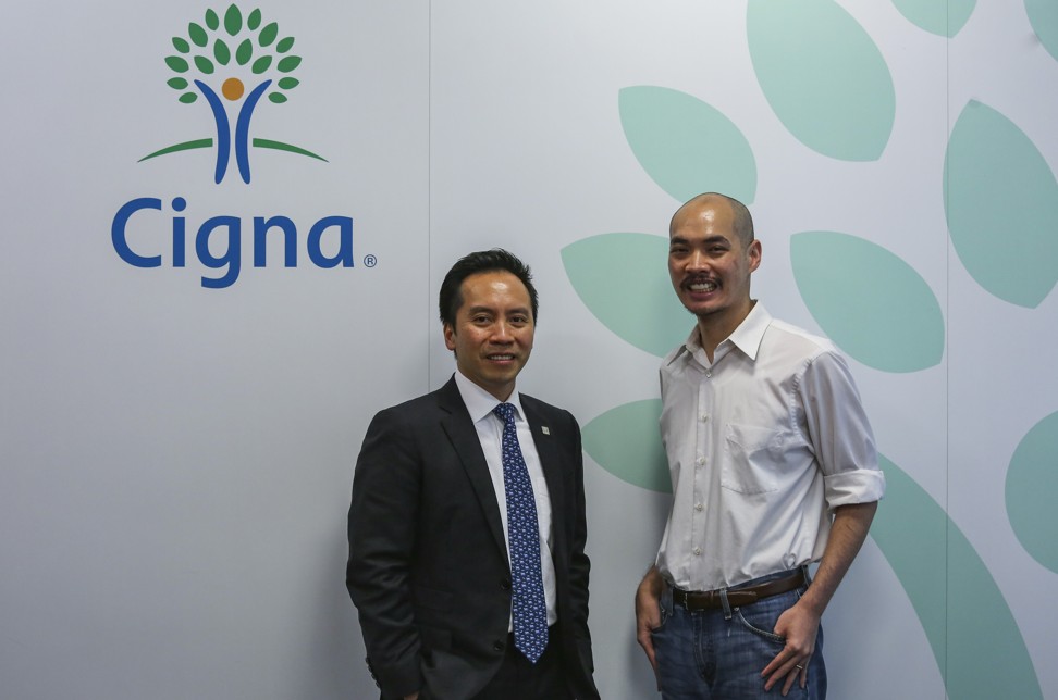 (L-R): Chief Executive Officer & Country Manager at Cigna, Yuman Chan and Co-Founder & Chief Insurance Officer at OneDegree, Alex Leung Te-yuan, in Wan Chai on 20 February, 2019. Photo: SCMP/Jonathan Wong