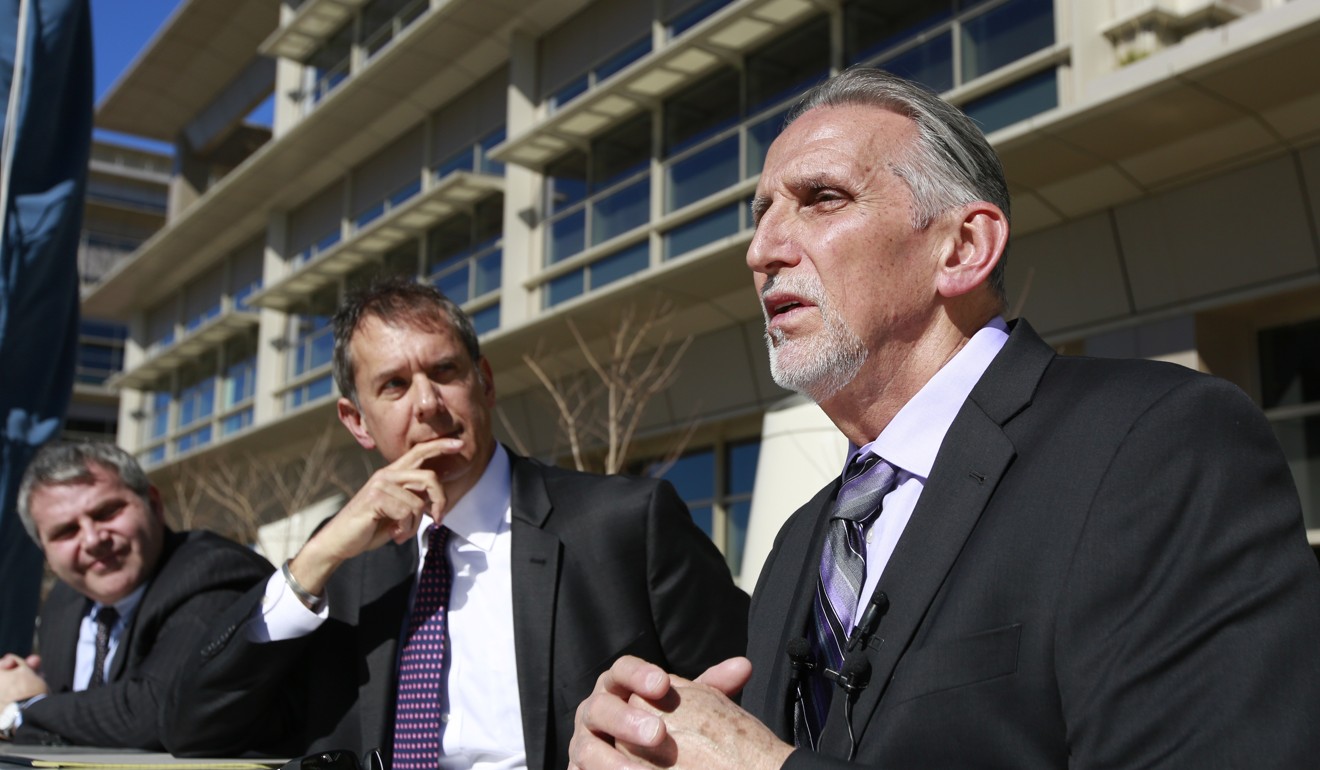 Craig Coley, right, accompanied by his attorney's Ron Kaye, centre, and Nick Brustin, left. Photo: AP Photo