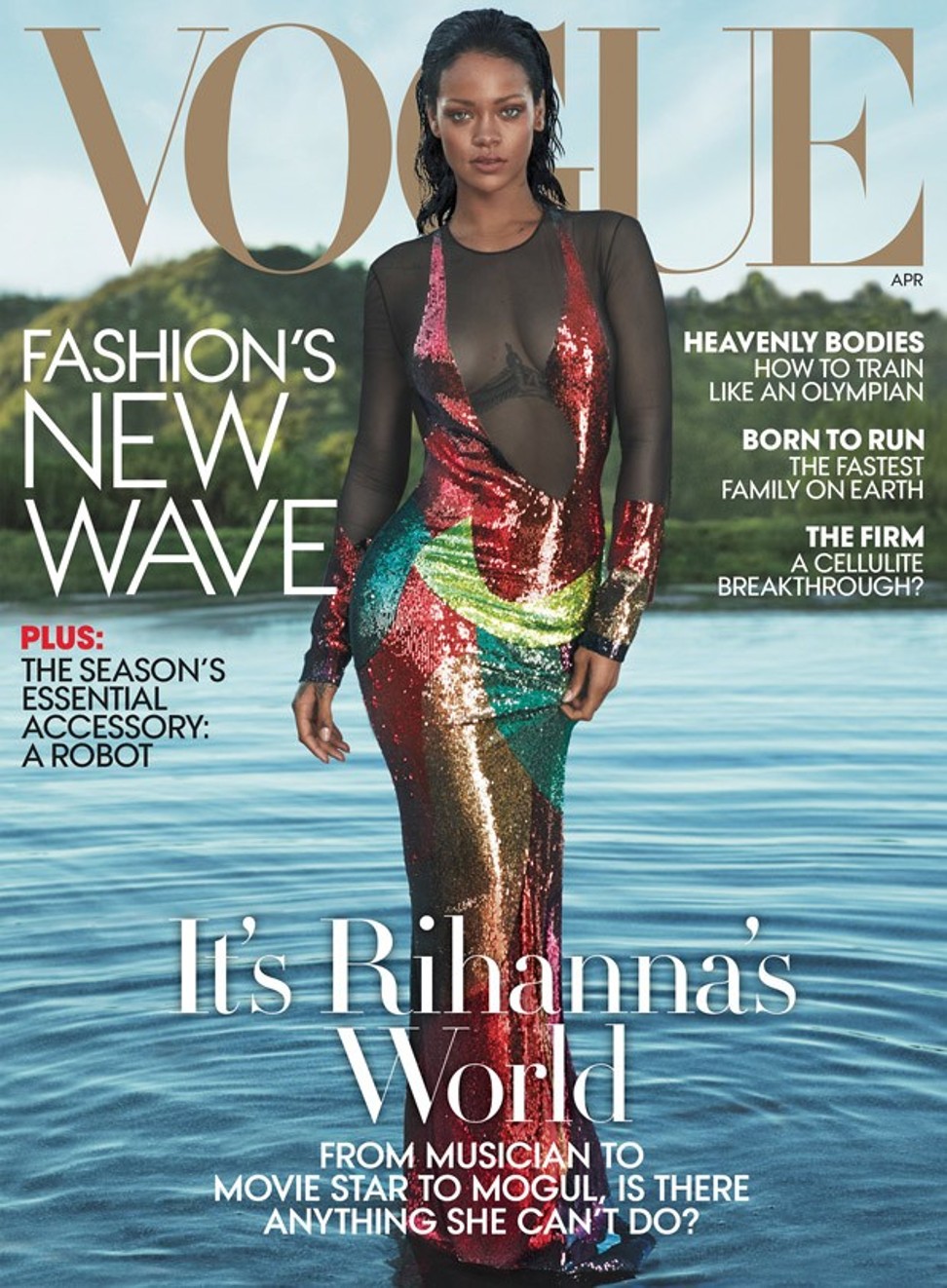 The April 2016 cover of Vogue US featuring pop star Rihanna.