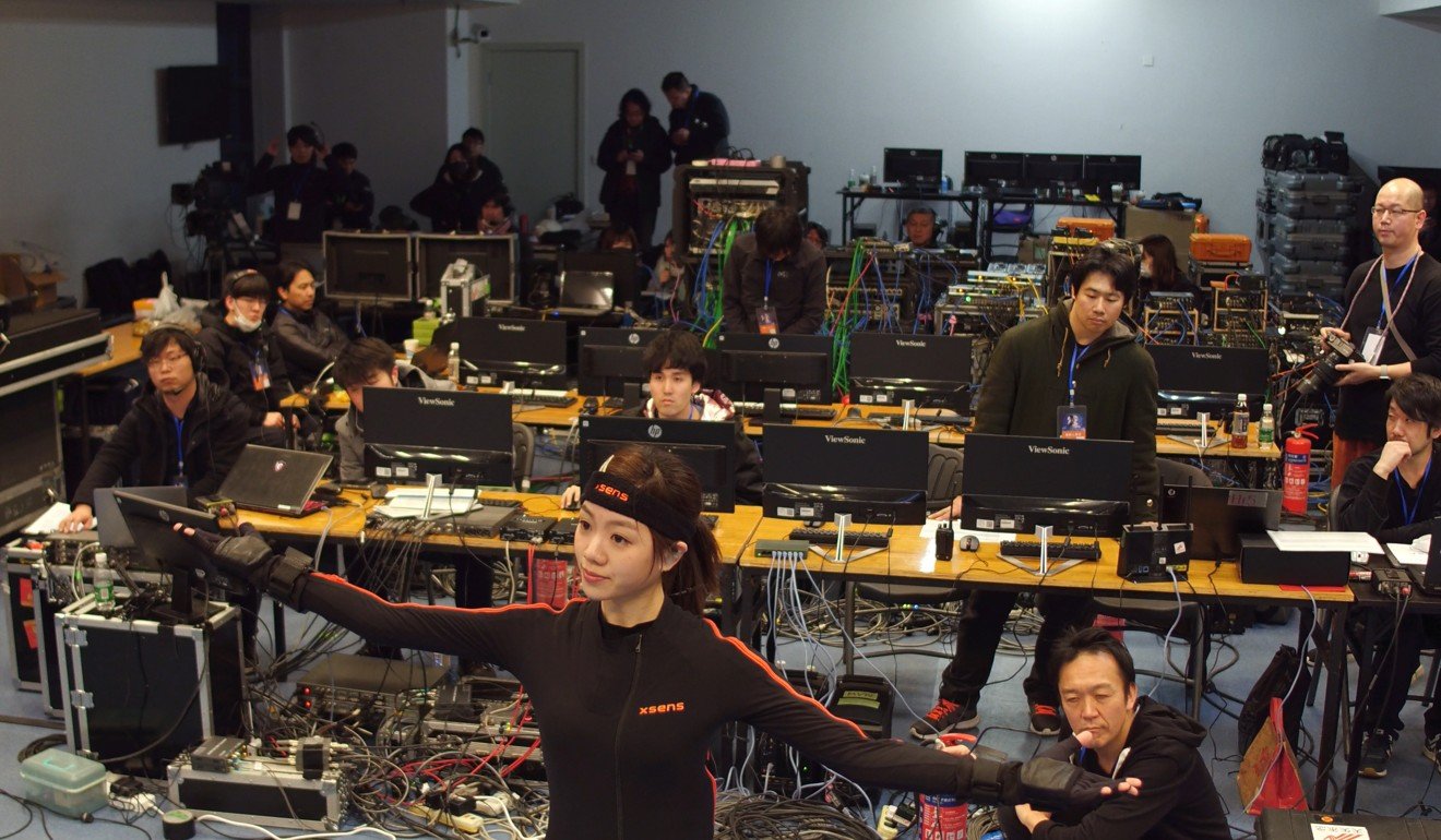 An actress wearing a motion capture suit does rehearsals for the Luo Tianyi concert. Photo: Thomas Yau/SCMP