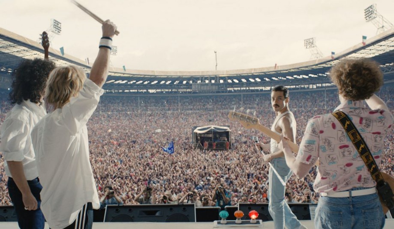 Rami Malek (second right) and other cast members in a scene, recreating the 1985 Live Aid charity concert at London’s Wembley Stadium, from the film ‘Bohemian Rhapsody’.