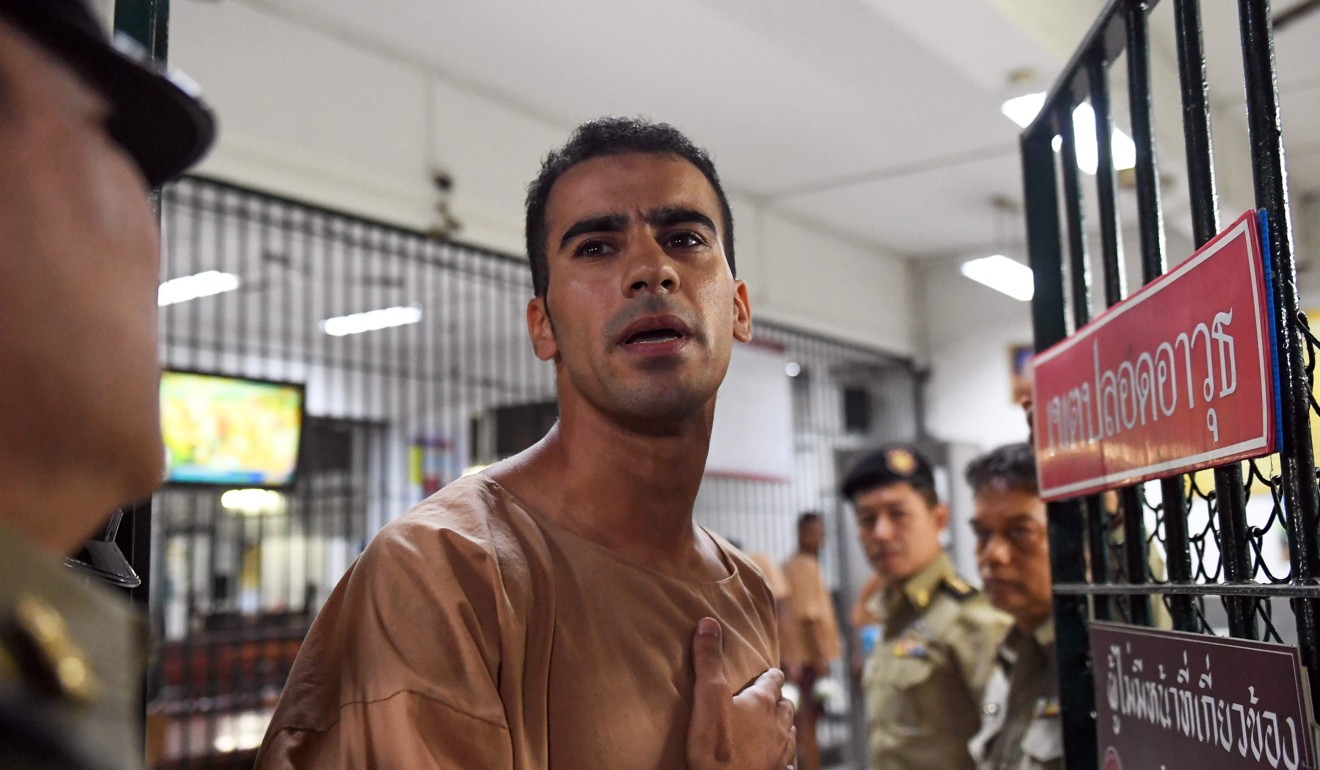 Hakeem al-Araibi arrives in a Thai court for a hearing. Photo: AFP
