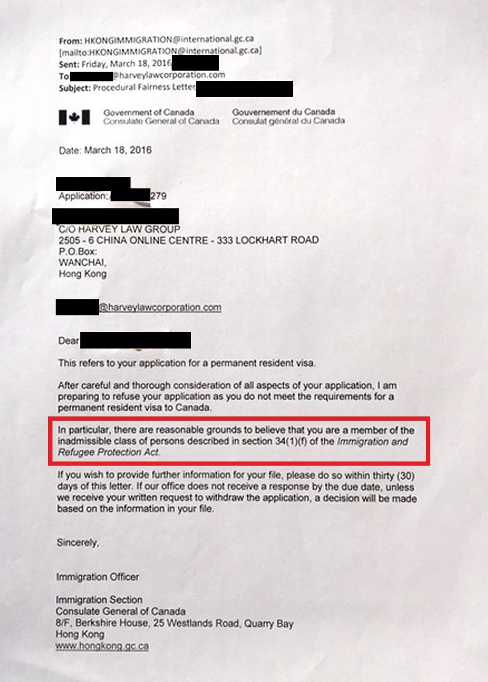 A ‘procedural fairness’ letter to a Huawei employee shows that Canadian immigration officer JW00237 tried to reject them on the basis that they were suspected of espionage on March 18, 2016. Graphic: SCMP
