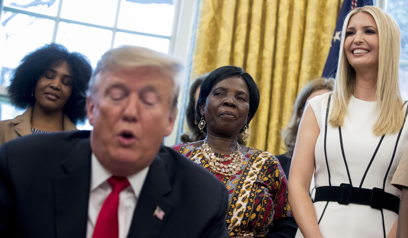 A February 7, 2019 photo of Donald Trump, accompanied by Ivanka, at the launch of the women’s development initiative at the White House. Photo: AP