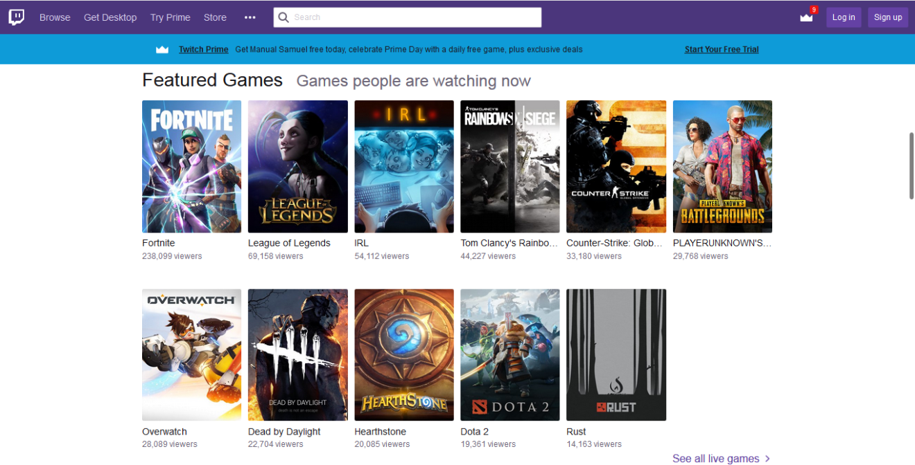 Fortnite topping Twitch's Featured Games list. (Source: Twitch.tv)