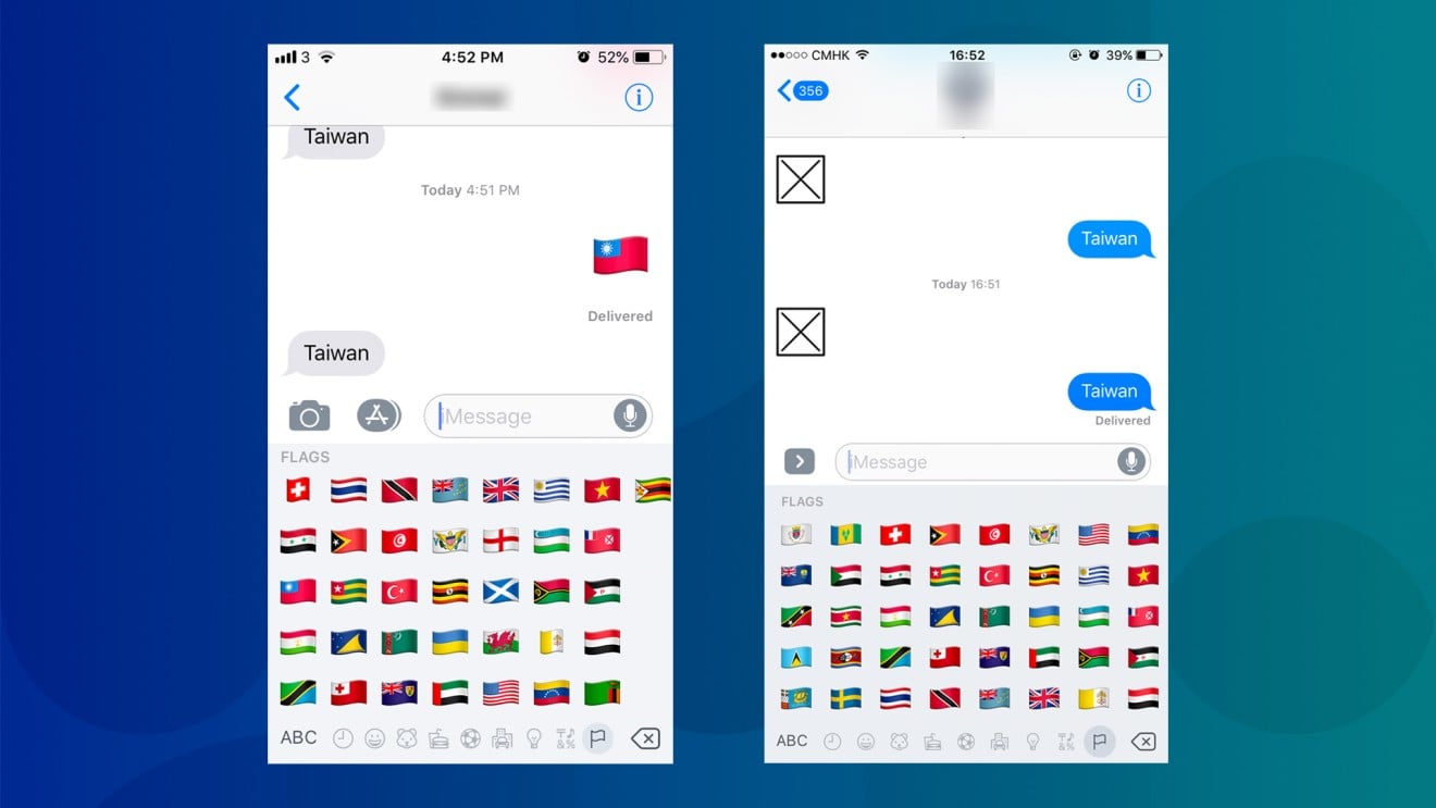 The emoji keyboard and Taiwan flag emoji as seen in two iPhones, one with region set to Hong Kong (left) and another to China (right).