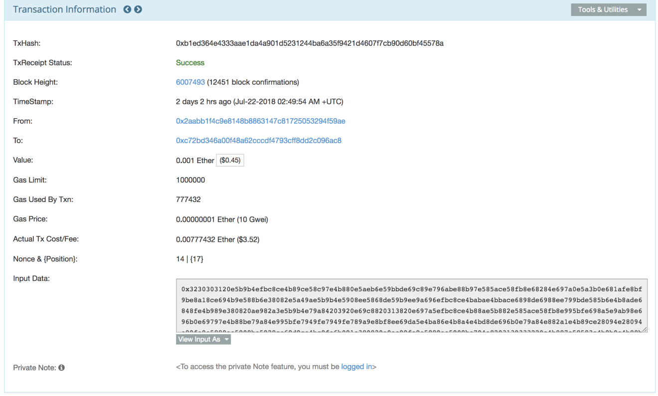 The Ethereum transaction storing one of the censored stories. (Picture: Etherscan)