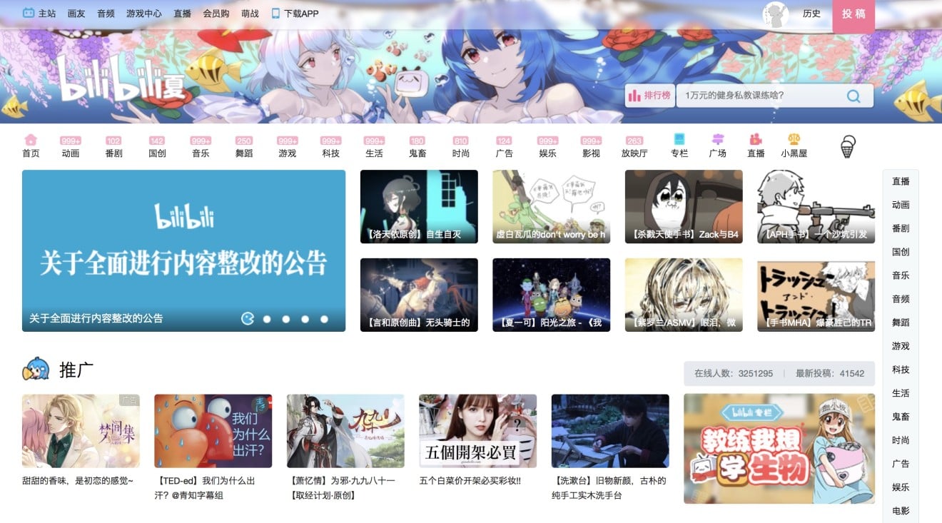 Bilibili published an announcement on its front page, saying that it will clean up the site.