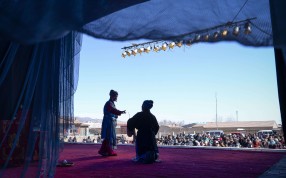 Two Jin opera performers on stage at an outdoor theatre in Yu county in Hebei province. Photo: AFP Two Jin opera performers on stage at an outdoor theatre in Yu county in Hebei province. Photo: AFP