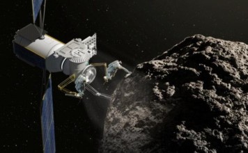 A conceptual image of Nasa’s Orion spacecraft approaching a robotic asteroid capture vehicle. Image: Nasa