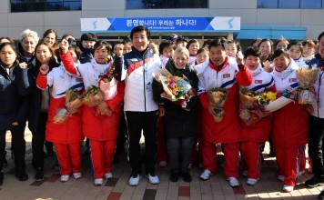 ‘We are one’, declared the North and South Korean Winter Olympians as they joined up at the South Korean national training centre in Jincheon. Photo: Reuters