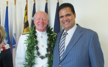 Leonard Glenn Francis, aka Fat Leonard, with US Navy Admiral Robert Willard. Picture: The Washington Post