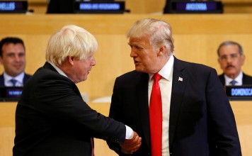 Britain’s then foreign secretary Boris Johnson shakes hands with US President Donald Trump in September 2017 at the UN Headquarters in New York. Trump has suggested Johnson, who resigned in July over Theresa May’s “soft Brexit” plan, should challenge May for the prime minister’s office. Photo: Reuters