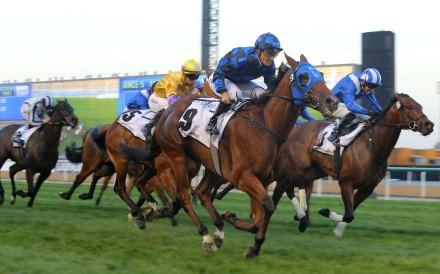 Australian warhorse Buffering, ridden by Damian Browne, wins the Al Quoz Sprint at Meydan Racecourse on Saturday, with Peniaphobia, ridden by Joao Moreira (in yellow silks), placing third. Photos: Kenneth Chan