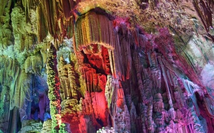 Limestone stalactites – such as in the Reed Flute cave in Guilin, China – grow just 10cm per 1,000 years. Photo: Shutterstock