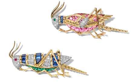 Jean Schlumberger’s cricket clips in 18-carat yellow gold and platinum with pink and blue sapphires, diamonds and emerald eyes.