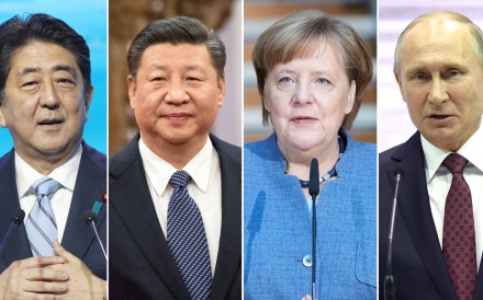 This combination image shows (from left) Japanese Prime Minister Shinzo Abe, Chinese President Xi Jinping, German Chancellor Angela Merkel and Russian President Vladimir Putin. Photo: EPA