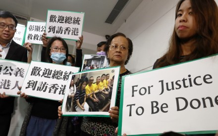 Families and friends of the four Hong Kong fishermen jailed in the Philippines over drug trafficking charges, accompanied by lawmaker James To (left). To his left are Winkey Leung, daughter of defendant Leung Shu-fook; Mrs Lo, mother of defendant Lo Wing-fai; and Ms Cheung, friend of defendant Lo Wing-fai. Photo: Nora Tam
