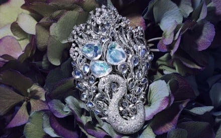 Feng.J’s Le Cygny brooch with crystal opals, moonstone, rose-cut diamonds, diamonds, and 18ct gold