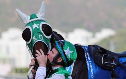 Tommy Berry kisses Pakistan Star after winning the Group One Champions & Chater Cup. Photos: Kenneth Chan