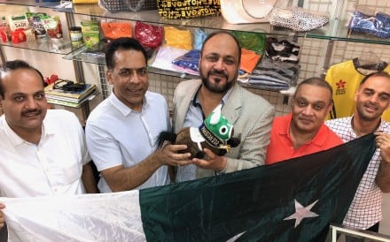 Mohammad Ilyas, Bhatti Saeed, Jawad Ashraf, Mian Rasheed and Shahid Mubeen with a Pakistan Star plushie. Photo: Michael Cox