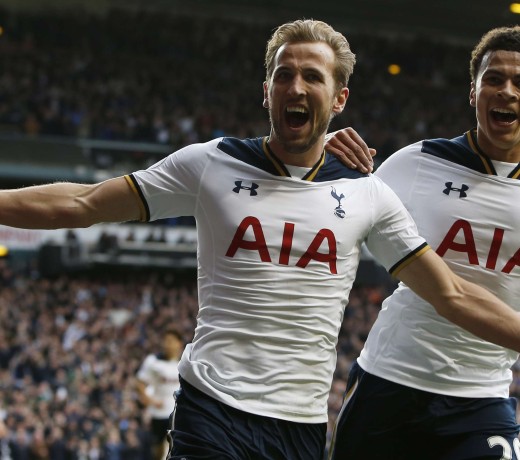 Tottenham's Harry Kane celebrates their second goal with Dele Alli. Photo: Reuters.